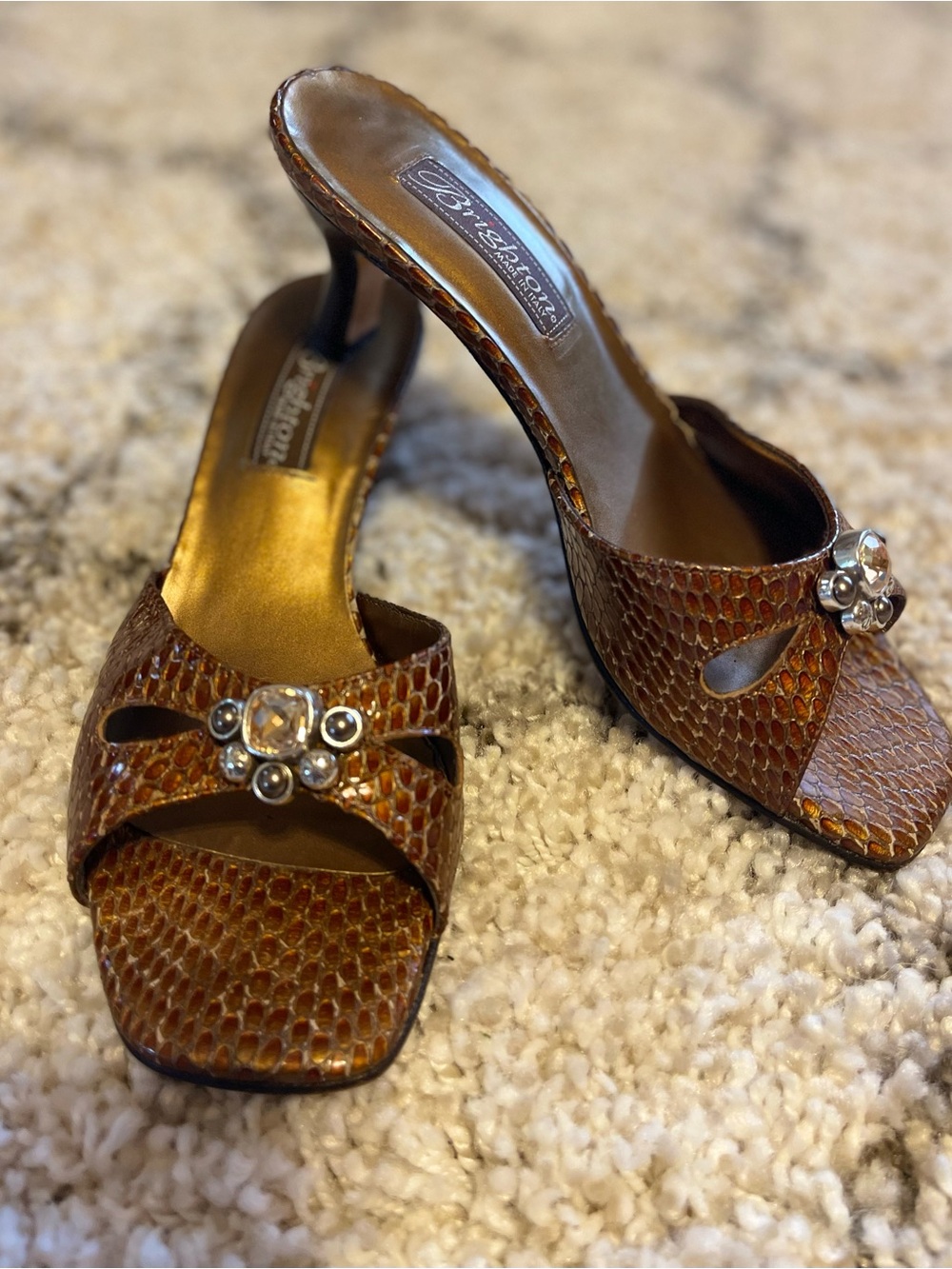 Brighton "Throne" Snakeskin Jewel Mules - Size 6.5 M - Made in Italy
